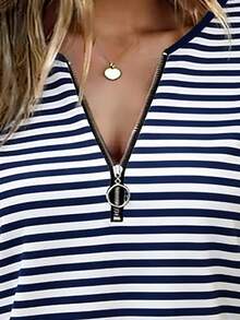Áo thun nữ tay ngắn mùa hè, họa tiết kẻ sọc, cổ chữ V, khóa kéo kim loại. - Nhiều màu - Xem 4