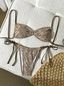Swim Mod 女士泳装套装，特殊面料，环扣连接，系带式，两件套，夏季海滩度假 - 棕色 - 查看 1