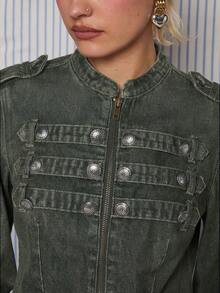 COUREZ Áo khoác denim ôm dáng kiểu tay trống / Áo khoác denim ôm dáng phong cách Y2K mùa thu đông, chất liệu denim nhẹ, cài nút và khóa kéo phía trước, thích hợp cho dịp đêm giao thừa. - xanh quân đội - Xem 7