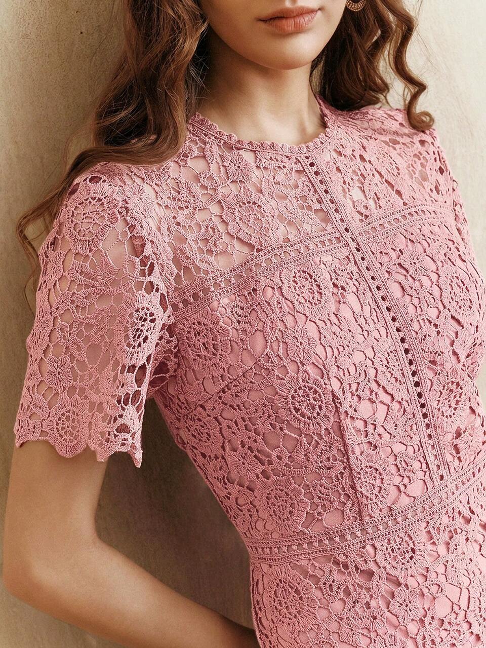 Anewsta Elegant Lace Patchwork Graceful Pink Short Sleeve Ruffle Hem Dress For Women Lace Dresses For Women Elegant