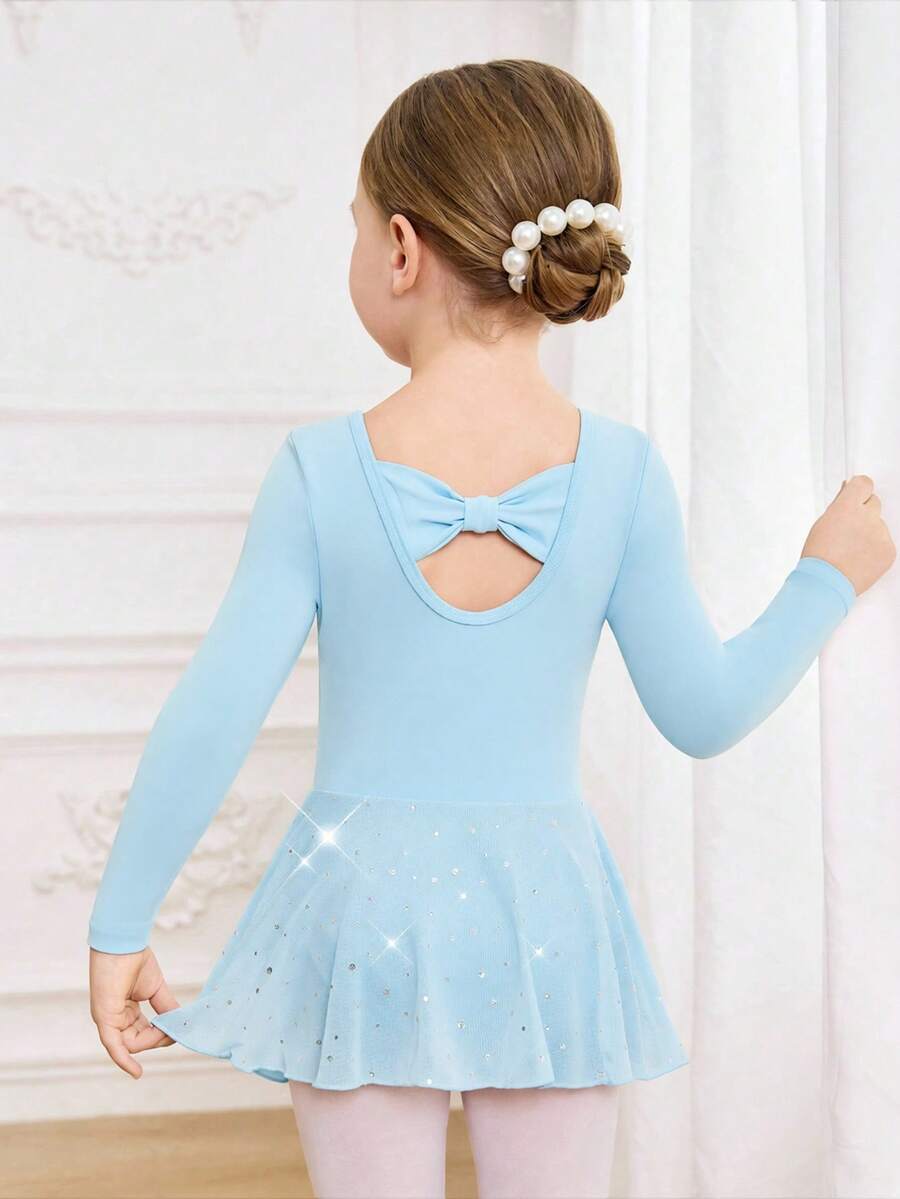 Robe de danse en maille tricotée bleue avec sequins pour jeunes filles, style mode outdoor. Justaucorps de danse ajusté avec nœud papillon dans le dos, stretch doux - Bleu azur - Voir 1