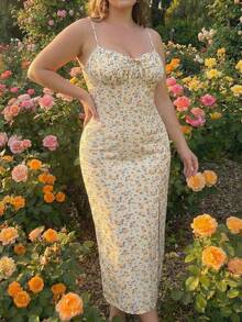 SHEIN MOD Plus Size Ditsy Floral Print Strappy Dress, Summer - Yellow - View 6