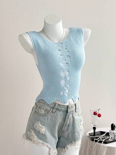 Elamini Y2K Distressed Cutout Knitted Tank Top, Women's Summer Knitted Top
