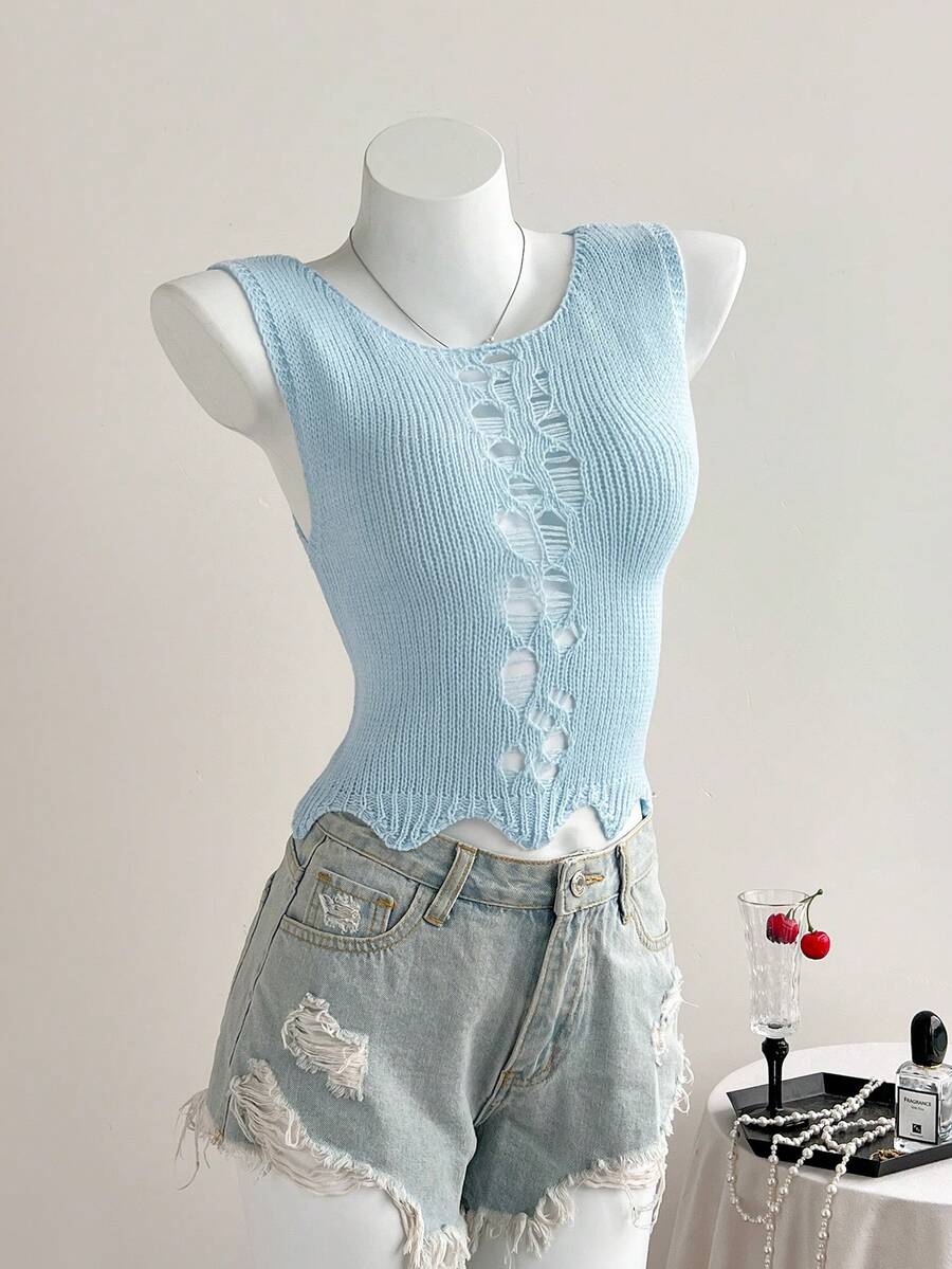 Elamini Y2K 复古镂空针织背心，女士夏季针织上衣 - 淺藍色 - 查看 1