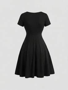 SHEIN Tall 高个系列女士宽领纽扣A字收腰优雅连衣裙 - 黑色 - 查看 2