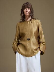 Ontre 2026春夏新款女士办公、婚礼宾客、通勤优雅纯色喇叭袖衬衫，适合毕业典礼等场合 - 卡其色 - 查看 4