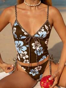 Swim Vcay Women's 2-Piece Swimsuit Set, V-Neck Floral Print Tankini With Tie Waist, Casual Beach Wear - Multicolor - View 4
