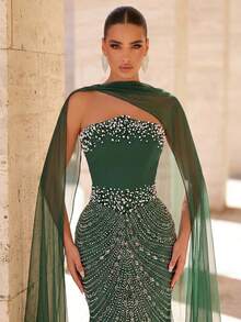 Glamrae 优雅奢华亮片水钻装饰仿珍珠吊带美人鱼连衣裙，配有可拆卸颈带，适合婚礼、派对、度假、晚宴、正式场合（装饰繁复） - 綠色 - 查看 5