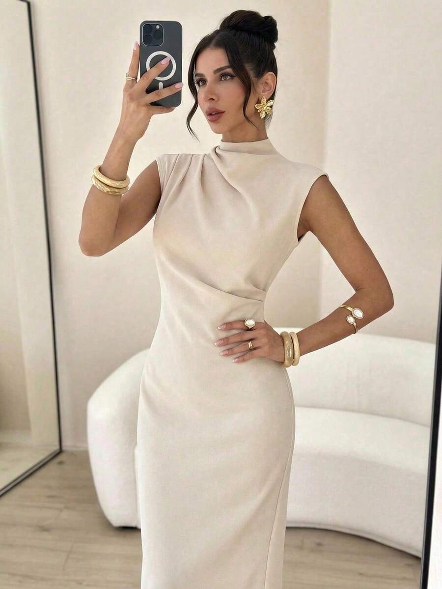 Firerie 女士新款杏色优雅休闲日常通勤度假时尚立领垂袖收腰纯色针织连衣裙，优雅，通勤，约会，婚礼季