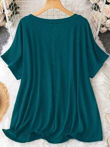 SHEIN CURVE+ Plus Size Casual Minimalist V-Neck Loose Knit Dress - Blue - View 2