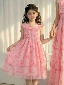 Glamorique Kids Đầm hoa dáng lệch vạt cho bé gái, phong cách Pháp ngọt ngào, mốt thời trang mùa hè mới cho tuổi teen. - Hồng - Xem 7