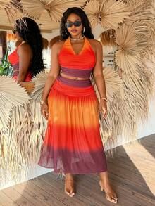 Slaydiva Plus Size European And American Style Gradient Halter Backless Long Bikini Two Pieces Swimwear - Multicolor - View 7