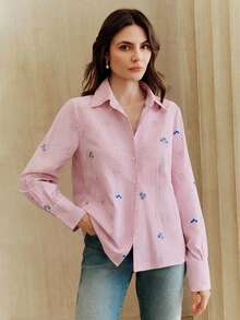 Anewsta Elegant Embroidered Design Pink Striped Casual Blouse For Women, Versatile Floral Work, Suitable For Spring To Summer - Pink - View 3