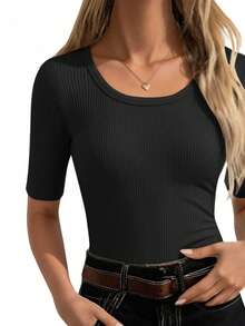 EMERY ROSE Áo thun nữ cổ tròn, màu trơn, dáng ôm, có gân, kiểu dáng thường ngày. - màu đen - Xem 4