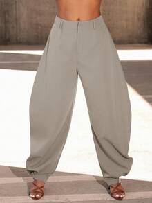 Vixey High Waisted Barrel Office Pants With Gold Button Cuffs - Grey - View 2