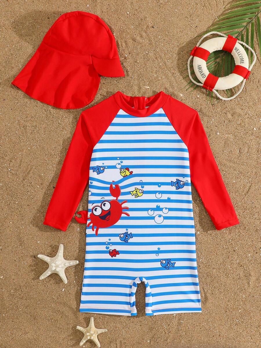 1pc Baby Boys' Swimwear,Red Crab & Ocean Animal Print One-Piece Rashguard Swimsuit + Hat,Blue White Stripe,Summer,Cute,Pool Party,Holiday Beachwear - Multicolor - View 1