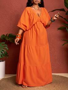 SHEIN CURVE+ Curve 尺码 US22 音乐节、海滨度假、波西米亚风 V 领连衣裙，适合夏季假期，橙色波西米亚风度假 - 橘色 - 查看 3