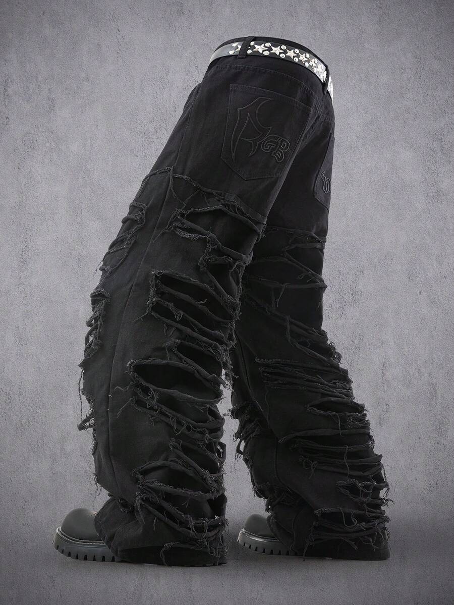 Manfinity Denimwave 男士休闲破洞毛边黑色阔腿牛仔裤 - 黑色 - 查看 1