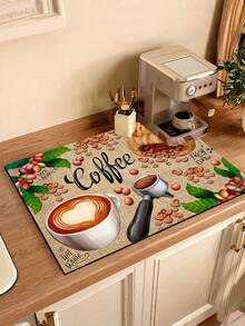 1 pieza Alfombrilla de bar de café con estampado de granos de café, alfombrilla de drenaje, almohadilla de drenaje de máquina de café de diatomita, alfombrilla de drenaje de goma suave, antideslizante, súper absorbente y resistente al desgaste para secar platos, para encimera, restaurante, mesa de cocina, decoración de mesa de patio, suministros de cocina del hogar, alfombrilla decorativa de encimera - Multicolor - Ver 1