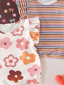 SHEIN GraphicGems 3件套女童可爱多巴胺花卉系列，包括：白色圆领短泡泡袖T恤，彩色多巴胺条纹棕色T恤，百搭休闲舒适，适合春季、夏季、假期、日常穿着，时尚花卉条纹图案，轻盈宽松。 - 玫紅色 - 查看 3