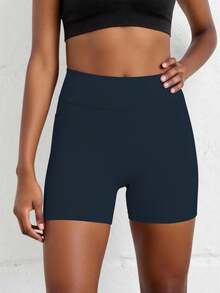 Dark Blue Athletic Shorts For Tween Girls, Featuring A Creative Paneled Construction With Functional Side Pockets, Made From High-Stretch Comfortable Fabric For Unrestricted Movement, Ideal For Cycling, Jogging, Yoga Sessions, And Versatile Training Activities - Navy Blue - View 5