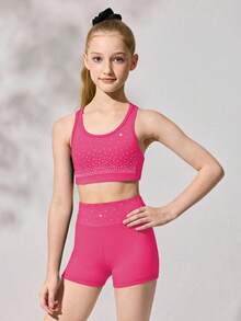 Bộ đồ thể thao cho bé gái tuổi teen, áo và quần short, màu hồng cánh sen | Chất liệu co giãn cao với các hạt pha lê lấp lánh, phù hợp cho tập thể dục dụng cụ và khiêu vũ. - Màu Hồng Tươi - Xem 6