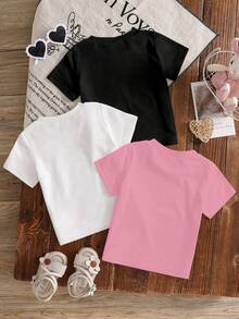 3pcs/Set Girls (Small) T-Shirts, Pink, White, Black, Faux Sequins & Sequins Bow Graphic, Cute All-Match Everyday Wear, Suitable For Spring, Summer, Autumn, 4Y-7Y, Matching Sister Outfits - Multicolor - View 2