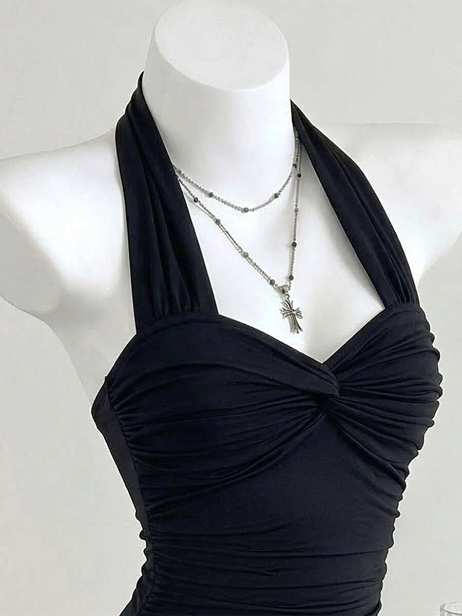 SHEIN MOOSTA Black Ruched Halter Bowknot Bodysuit, Casual Vacation Versatile - Black - View 1
