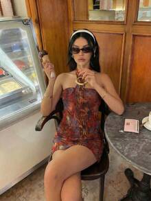 Aloruh 女士Y2K前卫性感紧身露背金属纽扣装饰棕色动物纹印花迷你连衣裙，棕色迷你连衣裙，夏季度假装，节日连衣裙，音乐节服装 - 棕色 - 查看 2