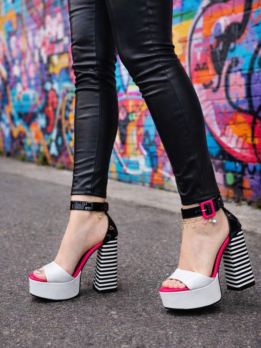 TACON DE RAYAS Y HEBILLA FORRADA - Blanco y Negro - Ver 1