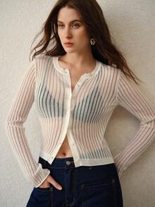 MOTF PREMIUM WOMEN'S FRONT BUTTON RIBBED KNIT SHEER CARDIGAN - White - View 7