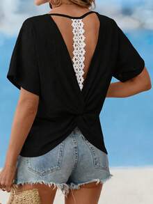 SHEIN 优雅休闲日常度假沙滩夏季圆领镂空露背蕾丝扭结装饰宽松舒适女式T恤 - 黑色 - 查看 3