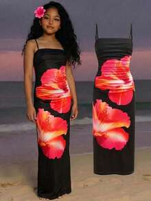 Tween Girl Casual Vacation Tropical Floral Print Snug Fit Cami Dress - Black - View 1