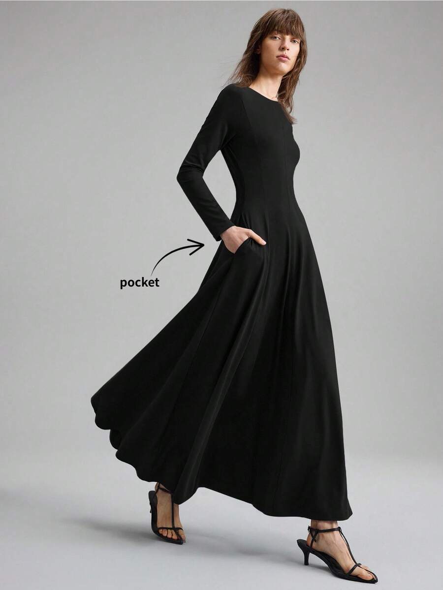 Ontre Đầm maxi dáng chữ A dài tay cổ tròn màu trơn mới mùa Xuân/Hè 2026, đa năng, phù hợp cho đi làm, công sở, đồng phục giáo viên, đầm thanh lịch, đầm đen, đầm dự tiệc. - màu đen - Xem 1