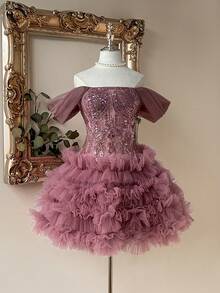 Lovelzi 优雅奢华3D珍珠刺绣网纱拼接无肩带不对称层叠荷叶边可调节系带连衣裙，适合约会、度假、单身派对、婚礼、返校、舞会等场合。 - 藕粉色 - 查看 7