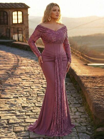 Glamrae Plus Size Elegant Luxurious Dark Purple Off-Shoulder Sleeve French Lace Sequin Patchwork Elastic Satin Pleated Mermaid Dress, Suitable For Weddings, Parties, Festivals, Formal Events, Galas, Banquets