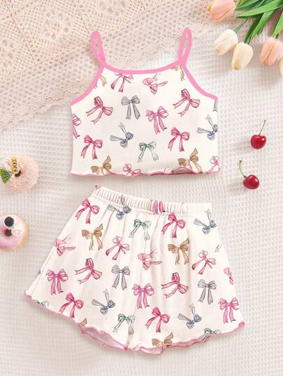 Cream White, Sweet Girl Ballet Style Bow Print, Young Girl Casual Minimalist Fitted Cartoon Pattern Cami Top And Shorts Pajama Set, Suitable For Summer Home, Cami Set, Cami And Shorts Set, Easy Comfort, Chill Vibes, Laid-Back Style, Girly Style