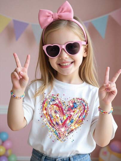 女童休闲创意彩色拼接爱心印花基础款短款T恤，舒适百搭，适合春、夏、秋季日常穿着。