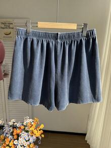 SHEIN EZwear Quần short nữ cỡ lớn màu xanh nhuộm tie-dye kẻ sọc bên hông - Màu xanh lam - Xem 2