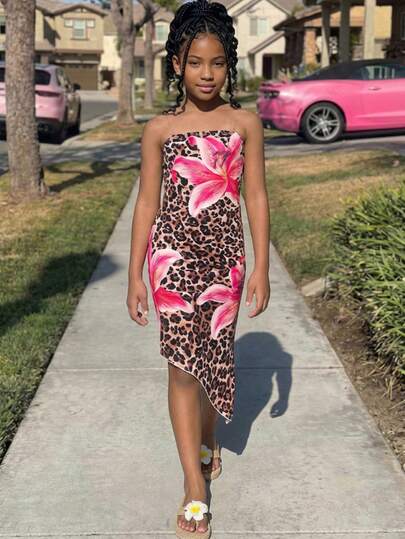 SHEIN Tween Girls' Leopard & Floral Print Fitted Asymmetric Hem Tube Dress