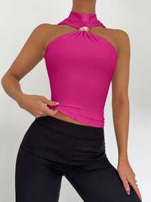Siren Gaze Women's Sleeveless Stand Collar Top With Metal Decor, Commuting & Vacation Casual Blouse,Summer Top - Hot Pink - View 4