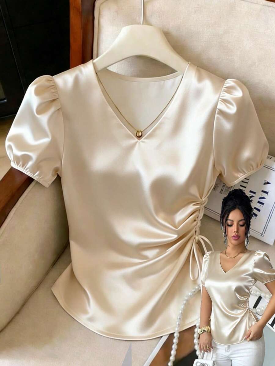 SHEIN LUNE Beige,Summer,Elegant,Tea Party French Fashion Satin V-Neck Drawstring Pleated Fitted Puff Sleeve Casual Blouse For Women,Exquisite Design Top - Apricot - View 1