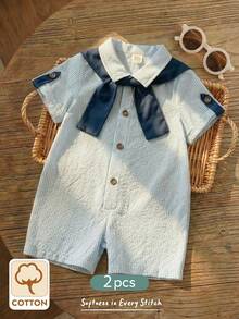 Cozy Pixies 男女宝宝休闲条纹短袖衬衫，纯色披肩领连体短裤，适合春夏穿着，室内外皆可。 - 彩色 - 查看 2