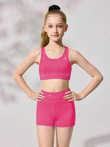 Bộ đồ thể thao cho bé gái tuổi teen, áo và quần short, màu hồng cánh sen | Chất liệu co giãn cao với các hạt pha lê lấp lánh, phù hợp cho tập thể dục dụng cụ và khiêu vũ. - Màu Hồng Tươi - Xem 7