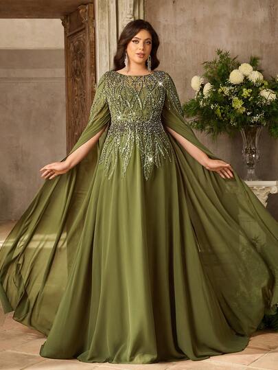 Aureia Đầm dạ hội sang trọng, cỡ lớn, màu hồng sen, thêu hạt cườm, chất liệu chiffon, cổ tròn, tay phồng, dáng chữ A, chất liệu jacquard (thiết kế tinh xảo).