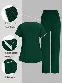 TaskEZ 2pcs V-Neck Short Sleeve Top And Pants Uniform Set, Cleaning Service Outfit - Dark Green - View 2
