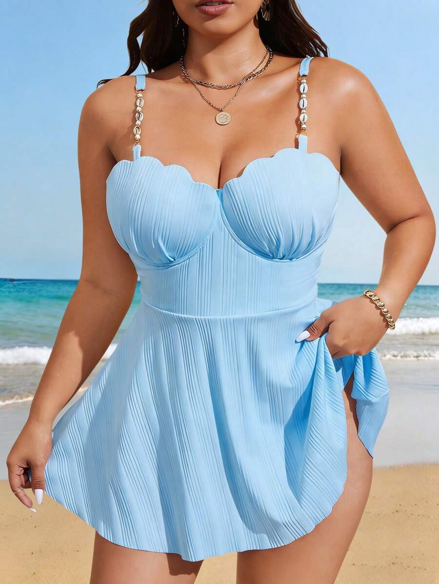 Swim Lushoire Plus Size Women's 2-Piece Solid Color Underwire Padded Bikini Set With Shell Chain Decor, Minimalist Vacation Swimsuit - Baby Blue - View 1