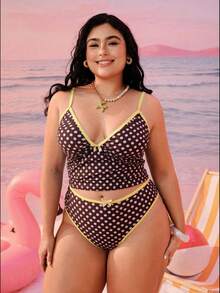 Swim Mod 2026新款加大码女式两件套随机几何印花时尚度假休闲简约显瘦端庄蝴蝶结可调节粗肩带高腰高开衩三角比基尼泳衣 - 棕色 - 查看 4