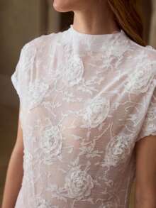 MOTF PREMIUM 优雅精致时尚玫瑰刺绣短袖立领女式上衣T恤 - 白色 - 查看 2