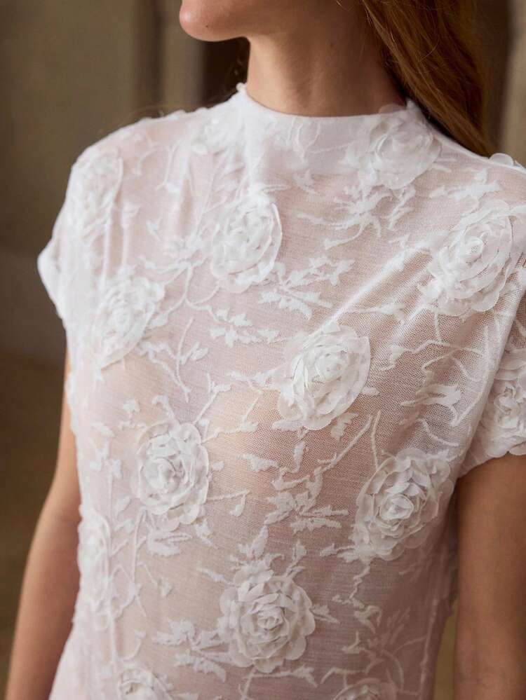 ELEGANT REFINED FASHION ROSE EMBROIDERED SHORT SLEEVE STAND COLLAR WOMEN TOP T-SHIRT